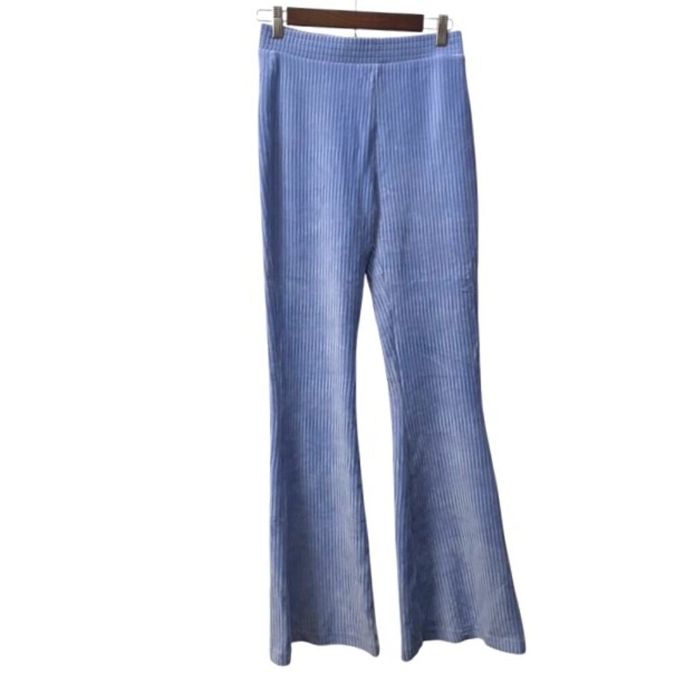 NWT Aerie Ribbed Velour High Waisted Groove On Flared Sweatpants Blue Size Small